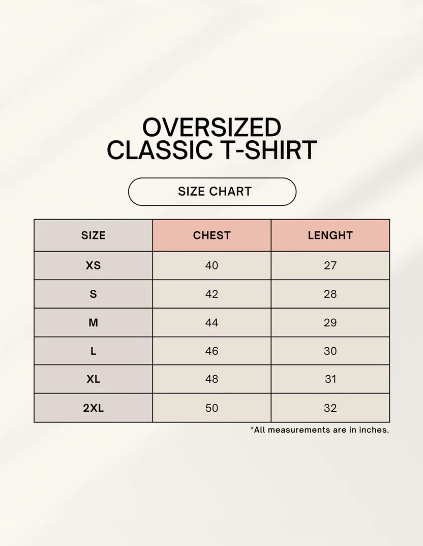 Paradise Oversized Classic T-Shirt size chart